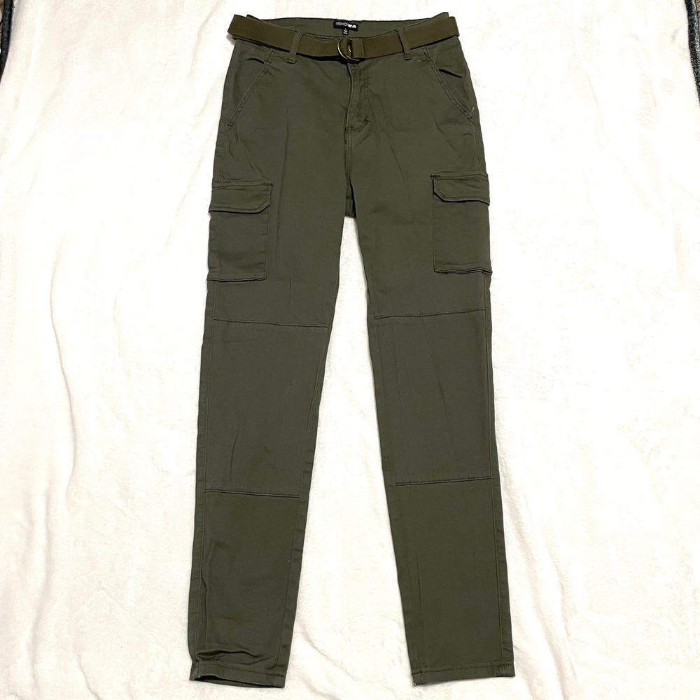 Fashion Nova Olive Green Cargo Pants 4 Pockets Belted Utility Style Size‎ Large